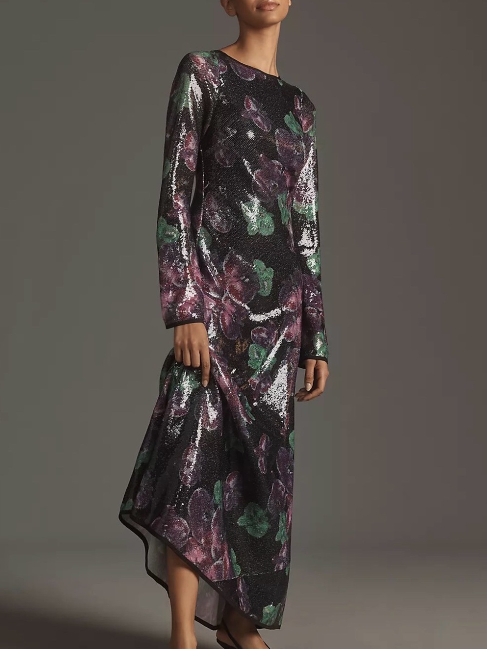 Sequin Floral Long-Sleeve Evening Dress - Black with Purple & Green size Large.